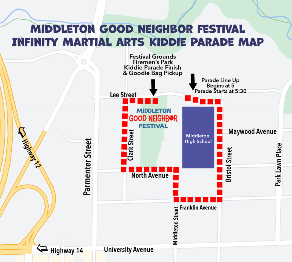 Infinity Martial Arts Kiddie Parade kicks the festival off on Friday Night. The parade route starts at the Performing Arts Center Entrance to Middleton High School, travels around the high school and ends on the festival grounds