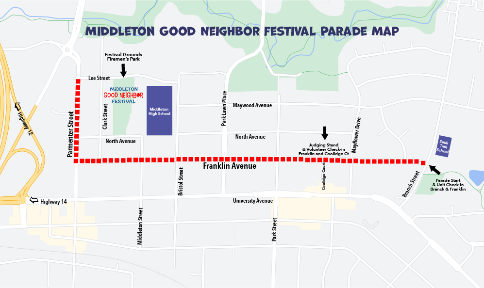 The Good Neighbor Festival Parade Route begins at the intersection of Branch Street and Franklin Avenue, going west on Franklin, then north on Parmenter Street ending at Lee Street near the festival grounds
