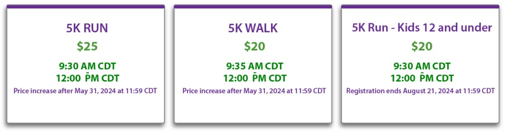 GNF Race options: 5k run, 5K walk, and Kids 12 and under walk or run